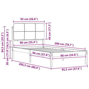Sängram med Klädd Huvudgavel Ljusgrå 90 x 200 cm Massiv furu