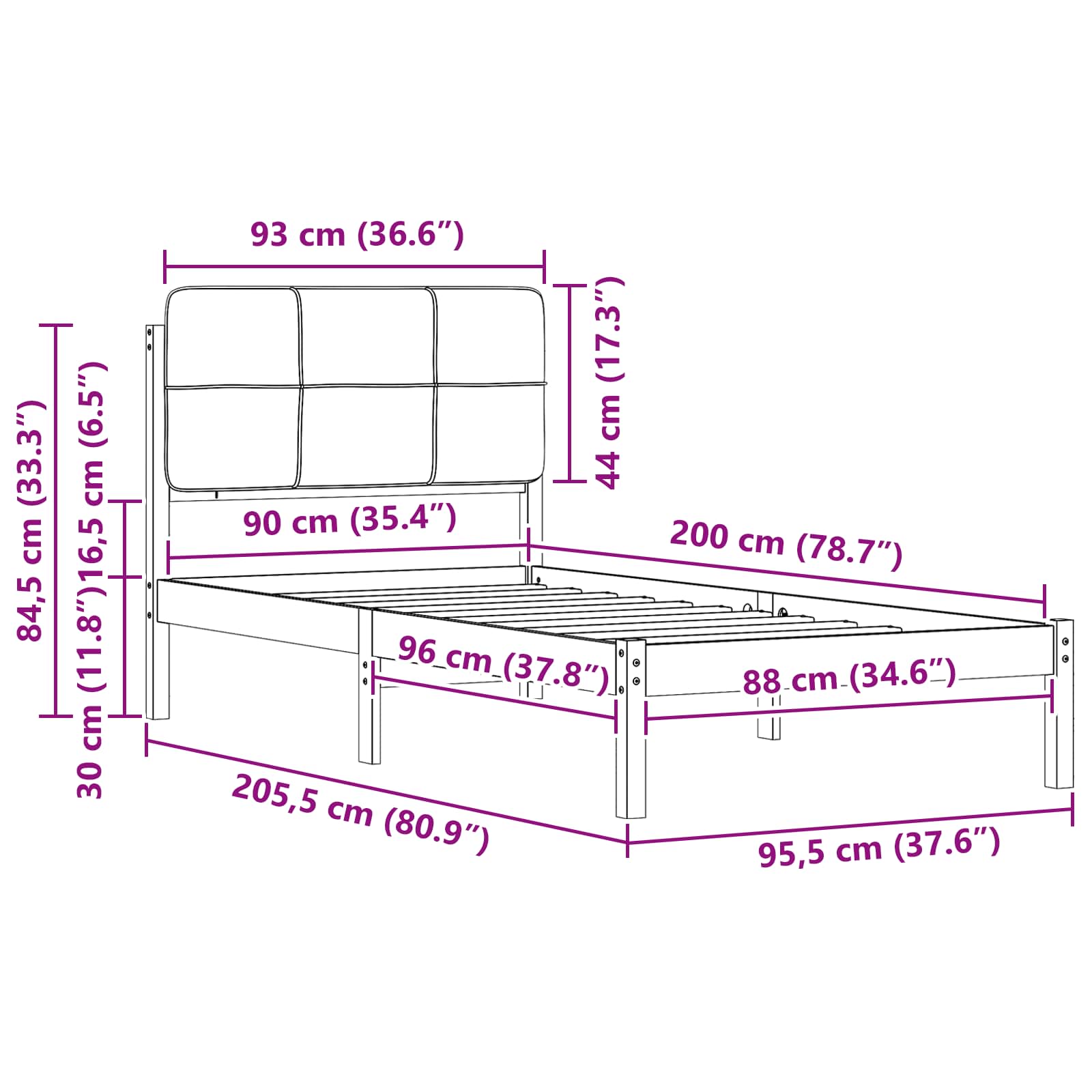 Sängram med Klädd Huvudgavel Mörkgrå 90 x 200 cm Massiv furu