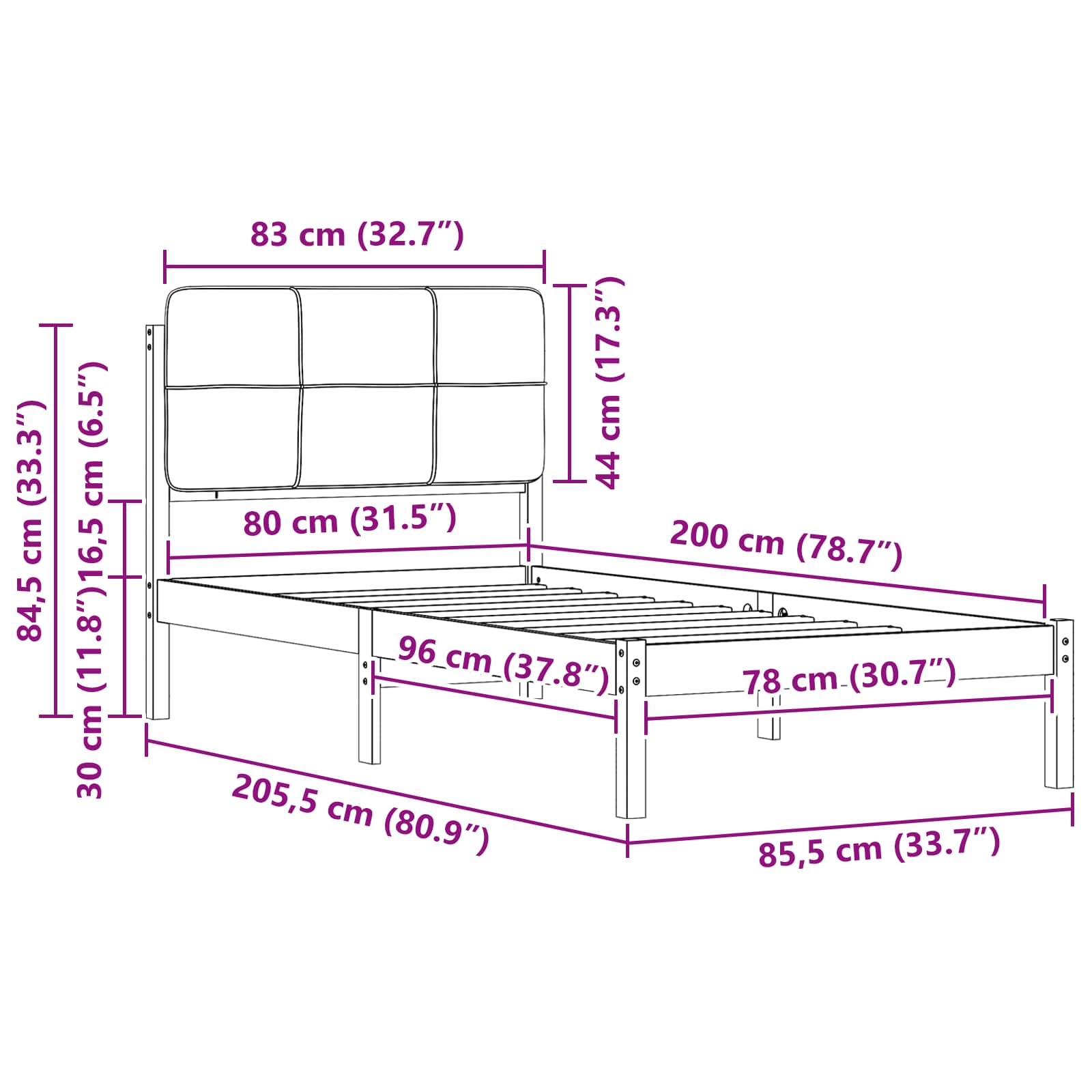 Sängram med Klädd Huvudgavel Svart 80 x 200 cm Massiv furu