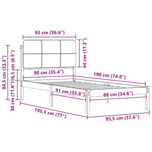 Sängram med Klädd Huvudgavel Svart 90 x 190 cm Massiv furu