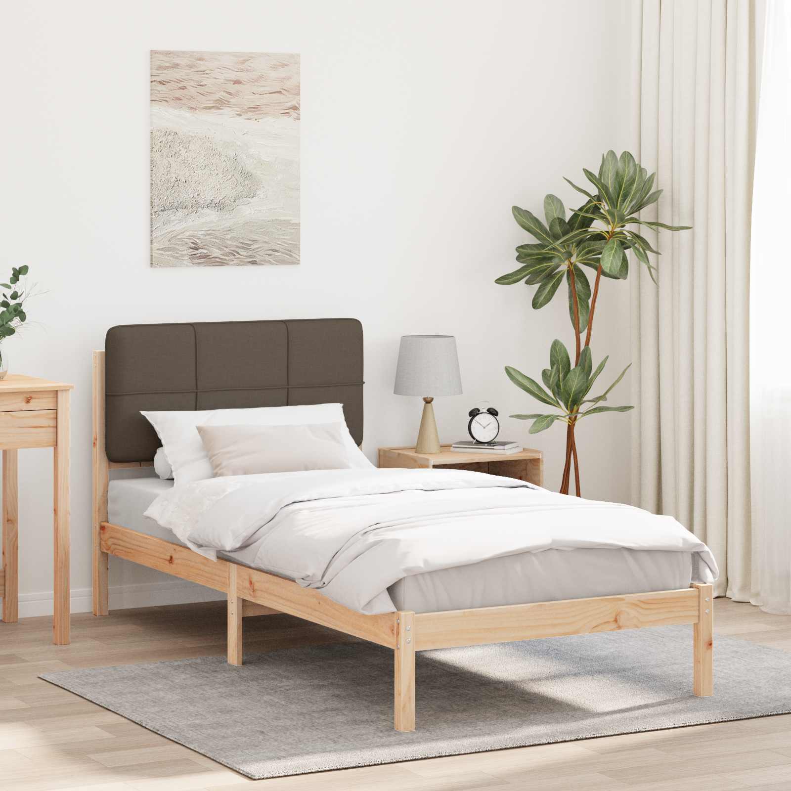 Sängram med Klädd Huvudgavel Taupe 90 x 190 cm Massiv furu