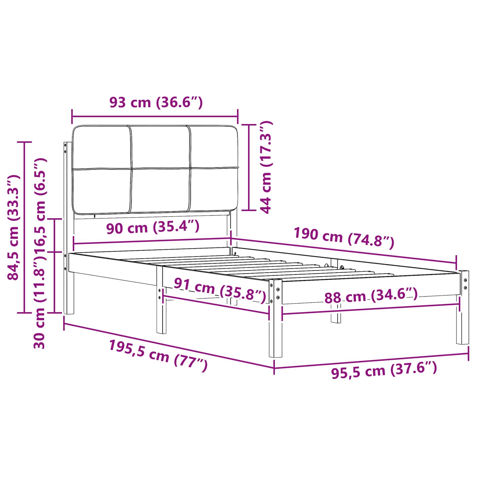 Sängram med Klädd Huvudgavel Taupe 90 x 190 cm Massiv furu