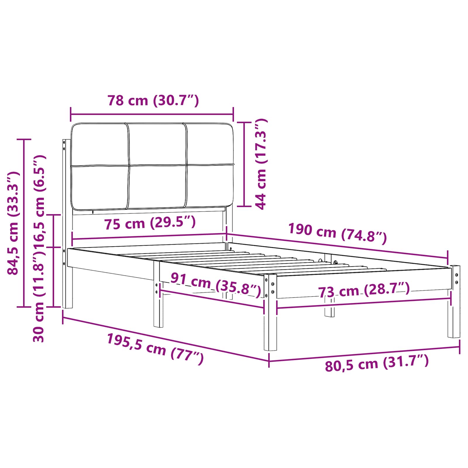 Sängram med Klädd Huvudgavel Mörkgrå 75 x 190 cm Massiv furu