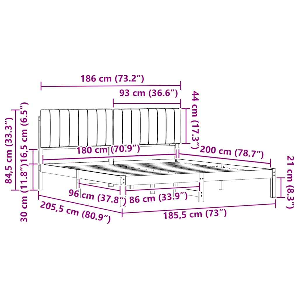 Sängram med Klädd Huvudgavel Svart 180 x 200 cm Massiv furu