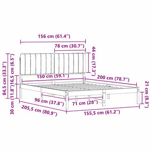 Sängram med Klädd Huvudgavel Mörkgrå 150 x 200 cm Massiv furu