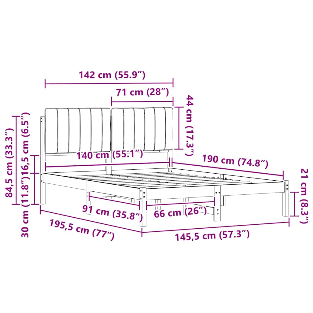 Sängram med Klädd Huvudgavel Mörkgrå 140 x 190 cm Massiv furu