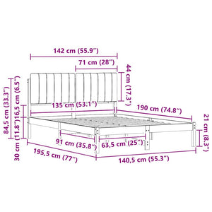 Sängram med Klädd Huvudgavel Ljusgrå 135 x 190 cm Massiv furu