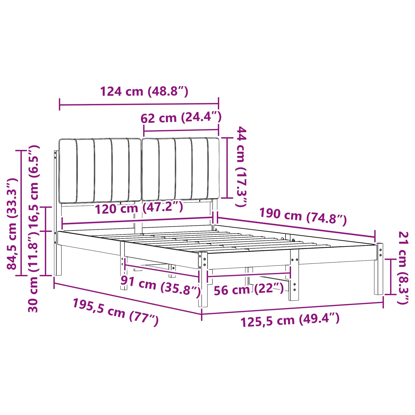 Sängram med Klädd Huvudgavel Ljusgrå 120 x 190 cm Massiv furu