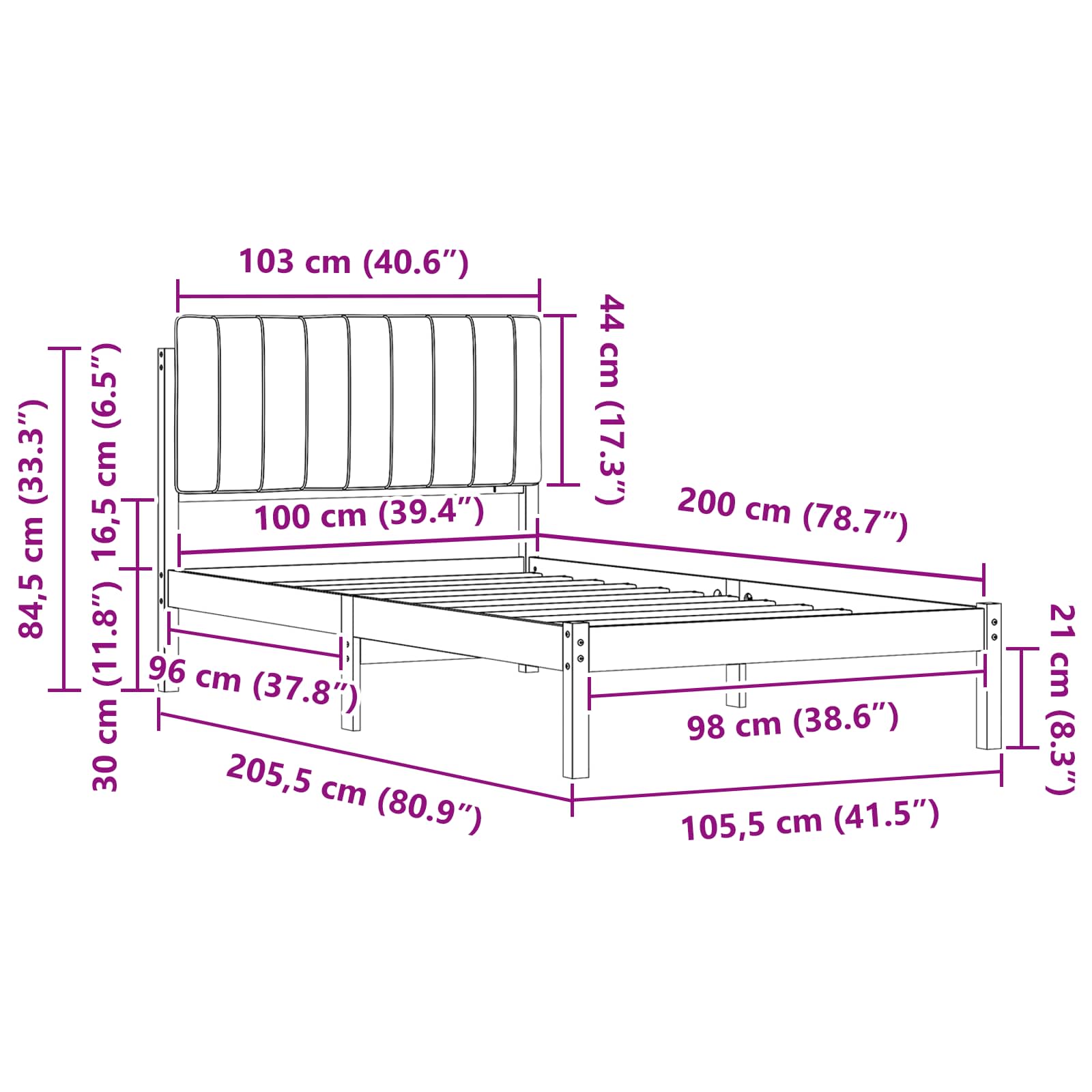 Sängram med Klädd Huvudgavel Ljusgrå 100 x 200 cm Massiv furu
