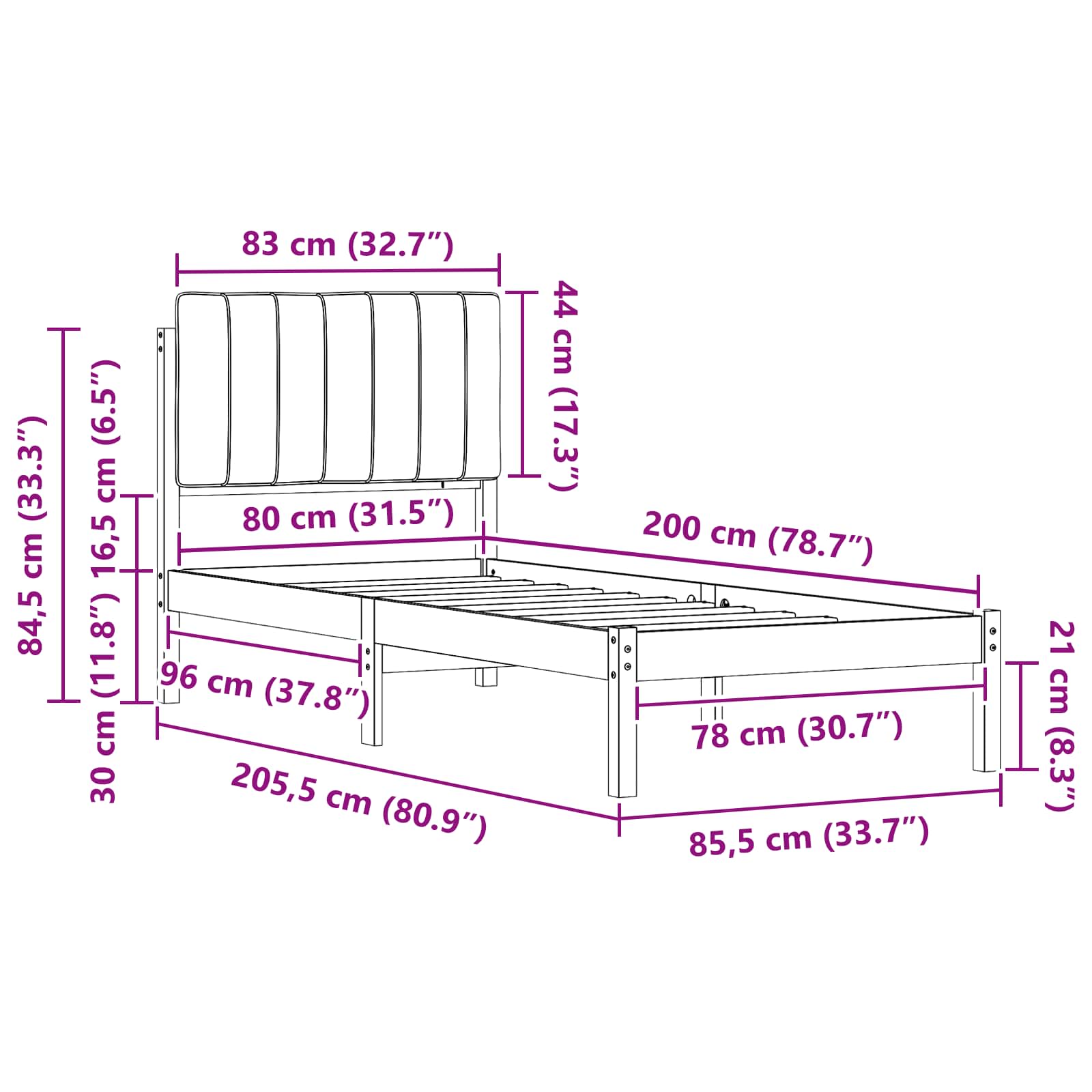Sängram med Klädd Huvudgavel Ljusgrå 80 x 200 cm Massiv furu