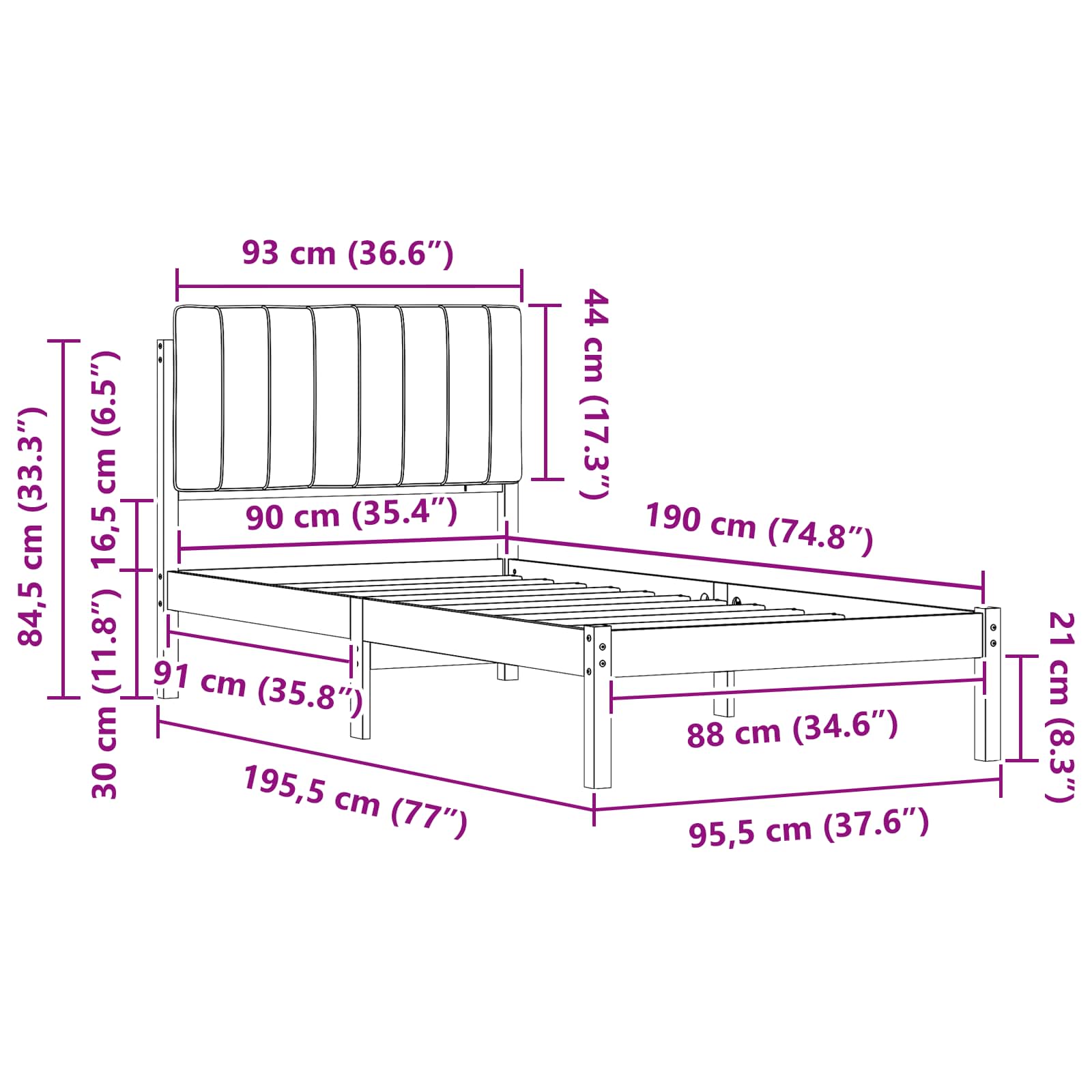 Sängram med Klädd Huvudgavel Ljusgrå 90 x 190 cm Massiv furu