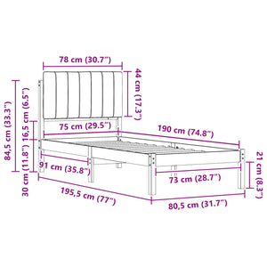 Sängram med Klädd Huvudgavel Ljusgrå 75 x 190 cm Massiv furu