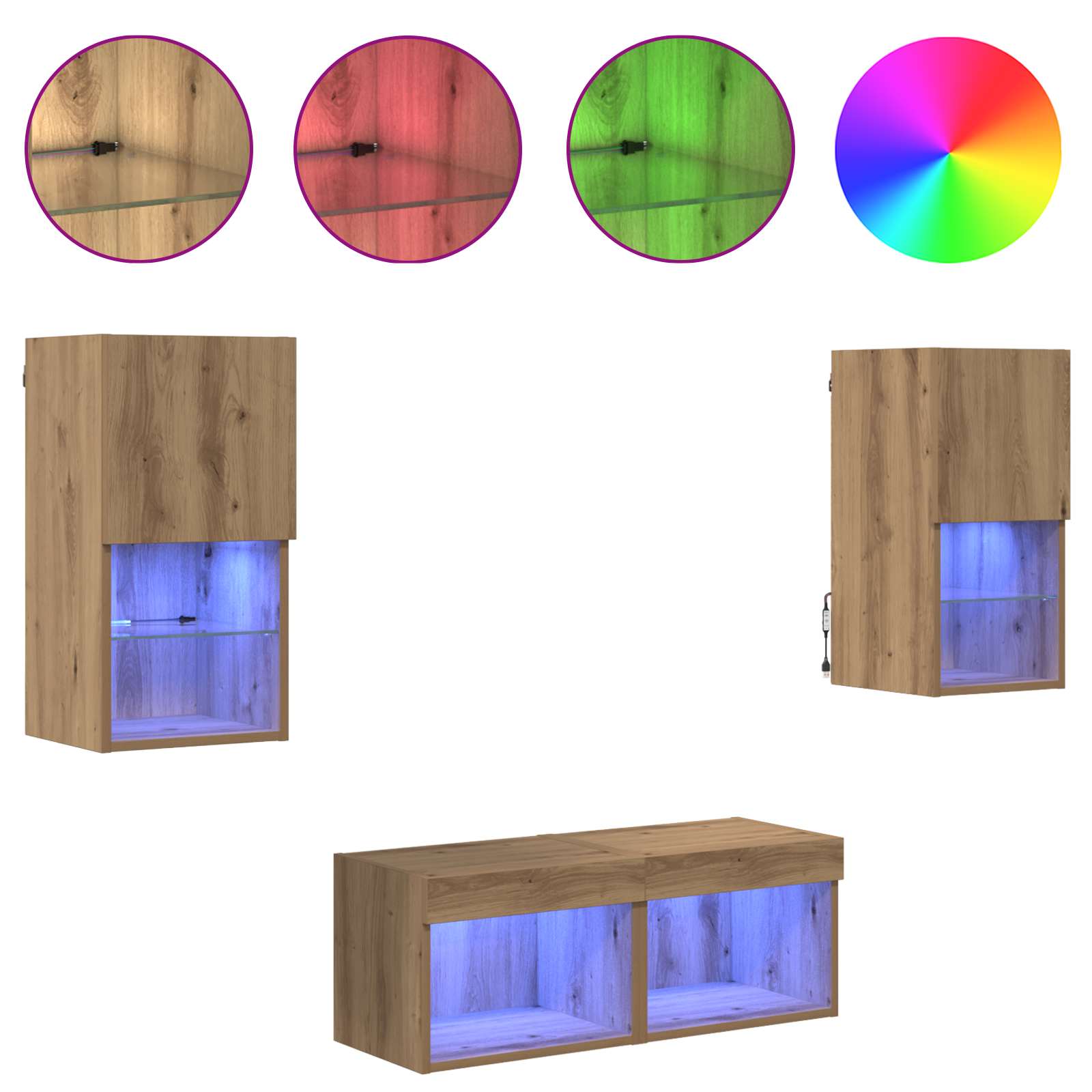 TV-väggskåp med LED -remsljus 4 pcs Artisan Ek Konstruerat trä