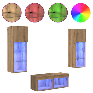 TV-väggskåp med LED -remsljus 4 pcs Svart Ek Konstruerat trä
