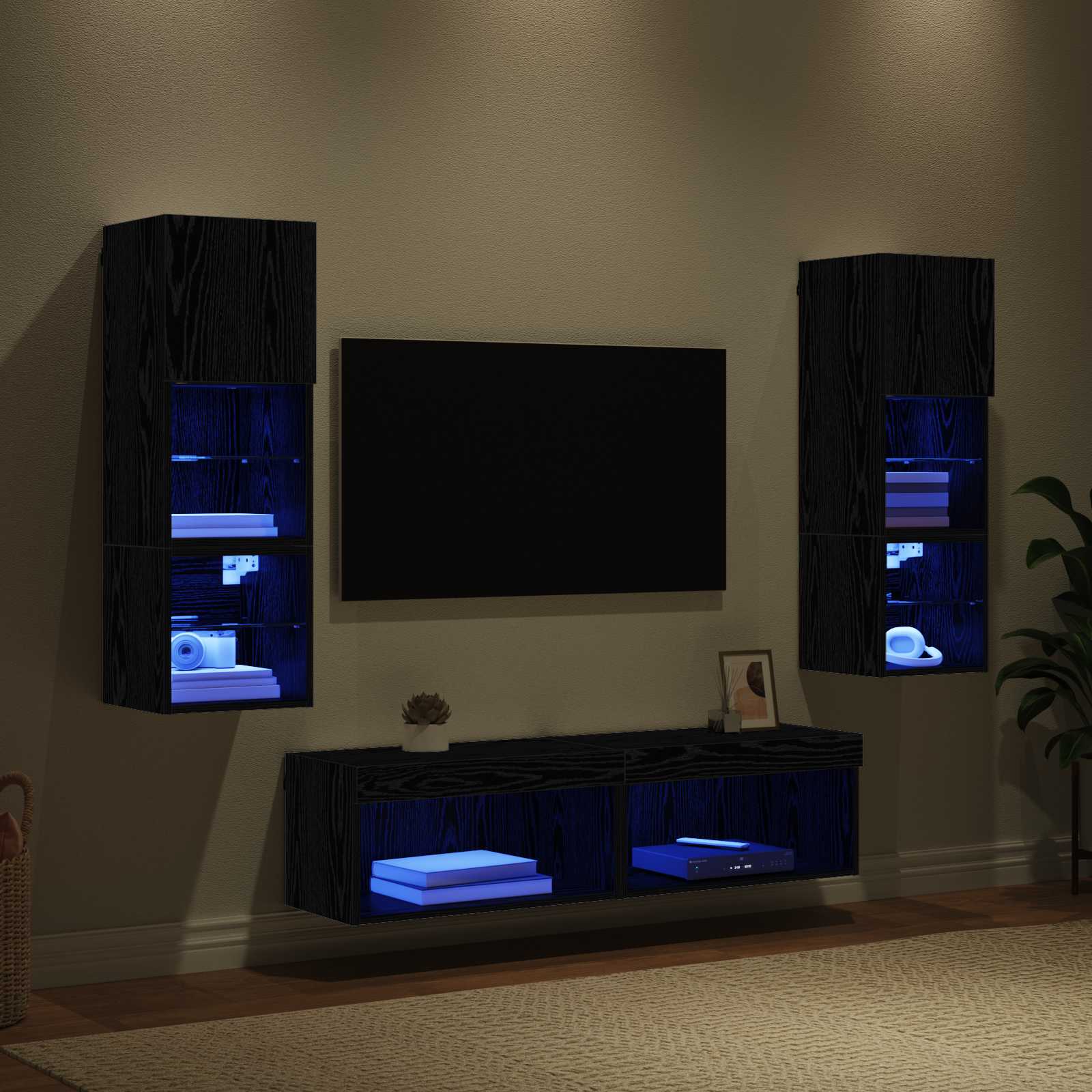 TV-väggmodul med LED -remsljus 6 pcs Svart Ek Konstruerat trä