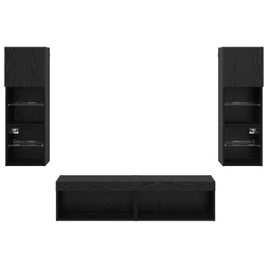 TV-väggmodul med LED -remsljus 6 pcs Svart Ek Konstruerat trä