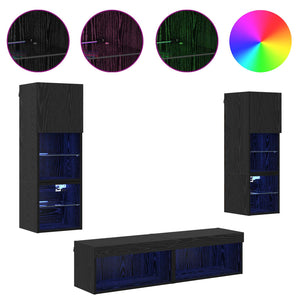 TV-väggmodul med LED -remsljus 6 pcs Svart Ek Konstruerat trä