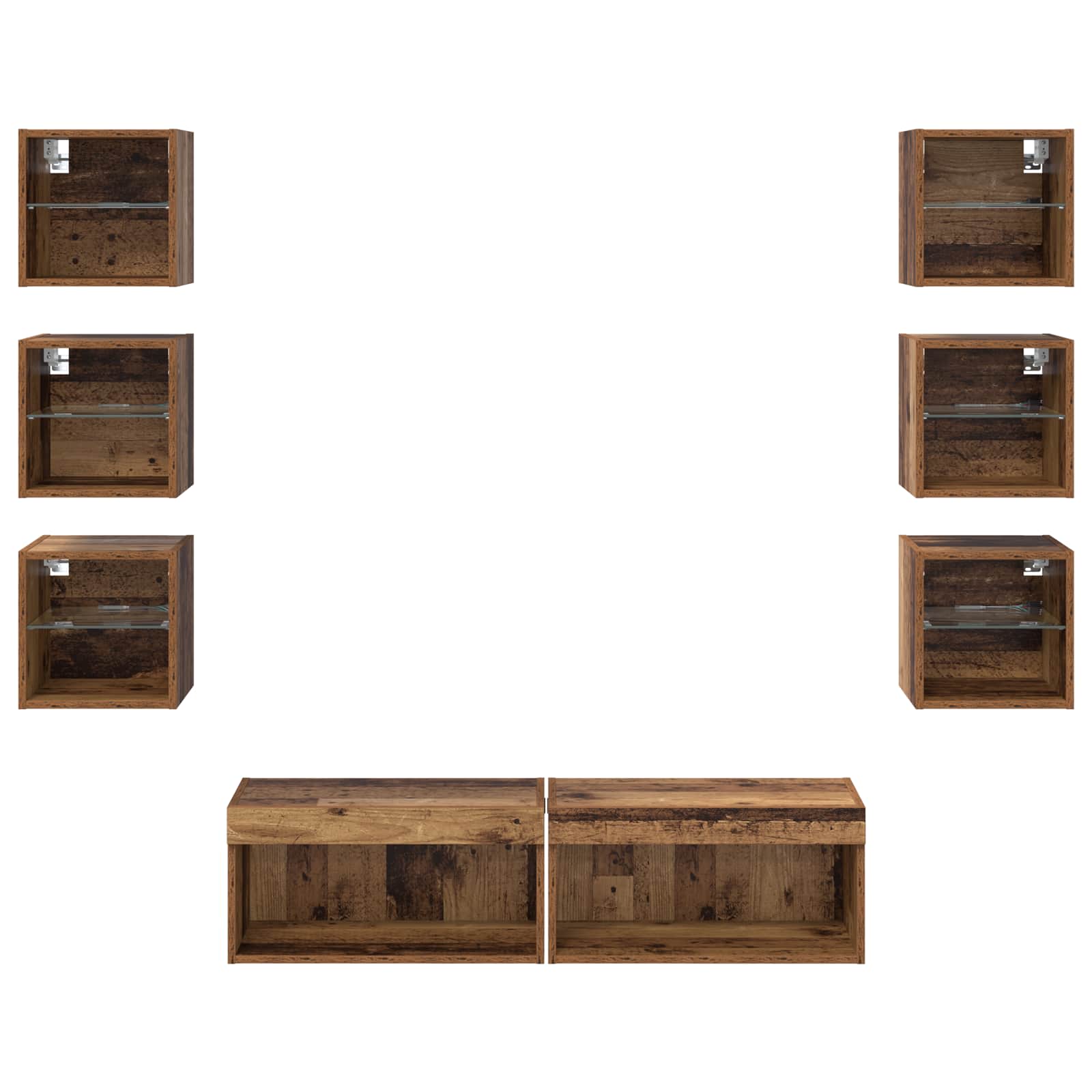 TV-skåp med LED -remsljus med låda 8 pcs Gammalt trä Glas