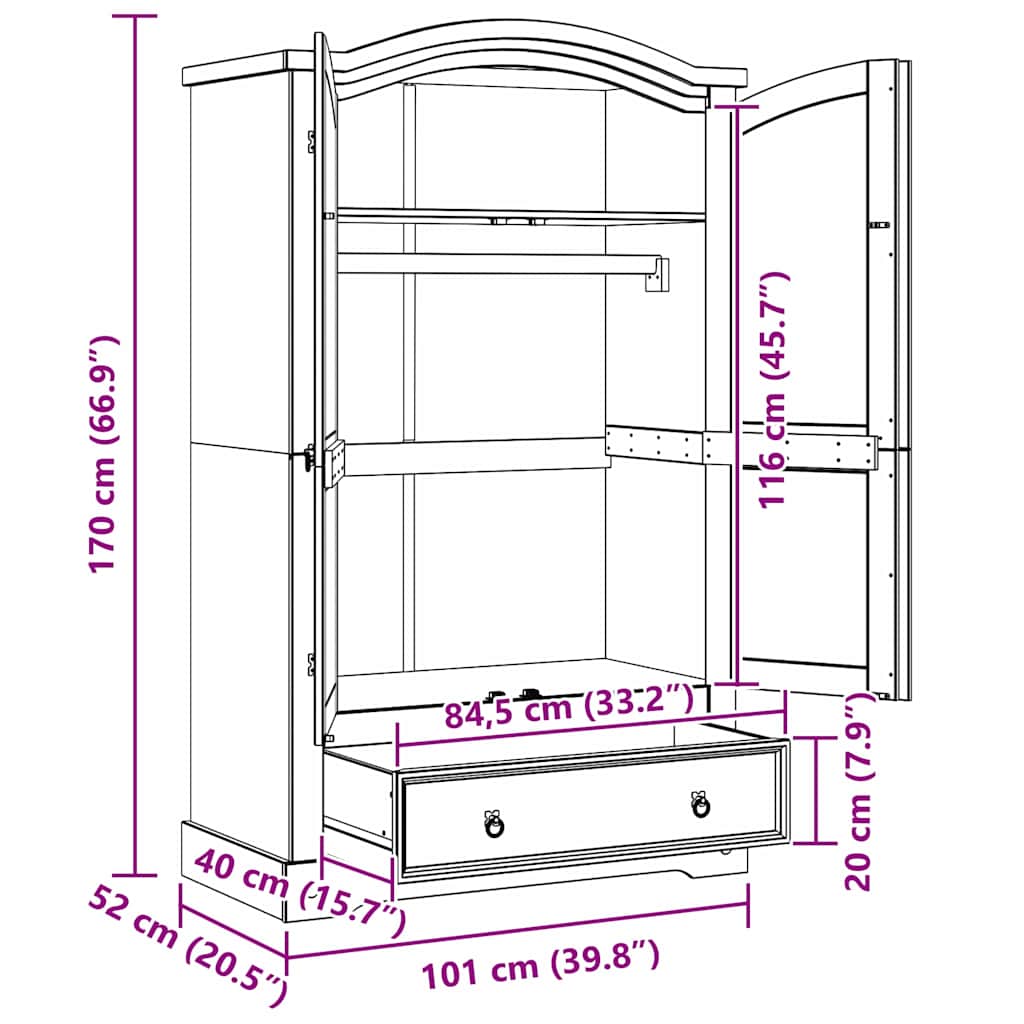 Garderob med låda med lagring Vit 101 x 52 x 170 cm Massiv furu