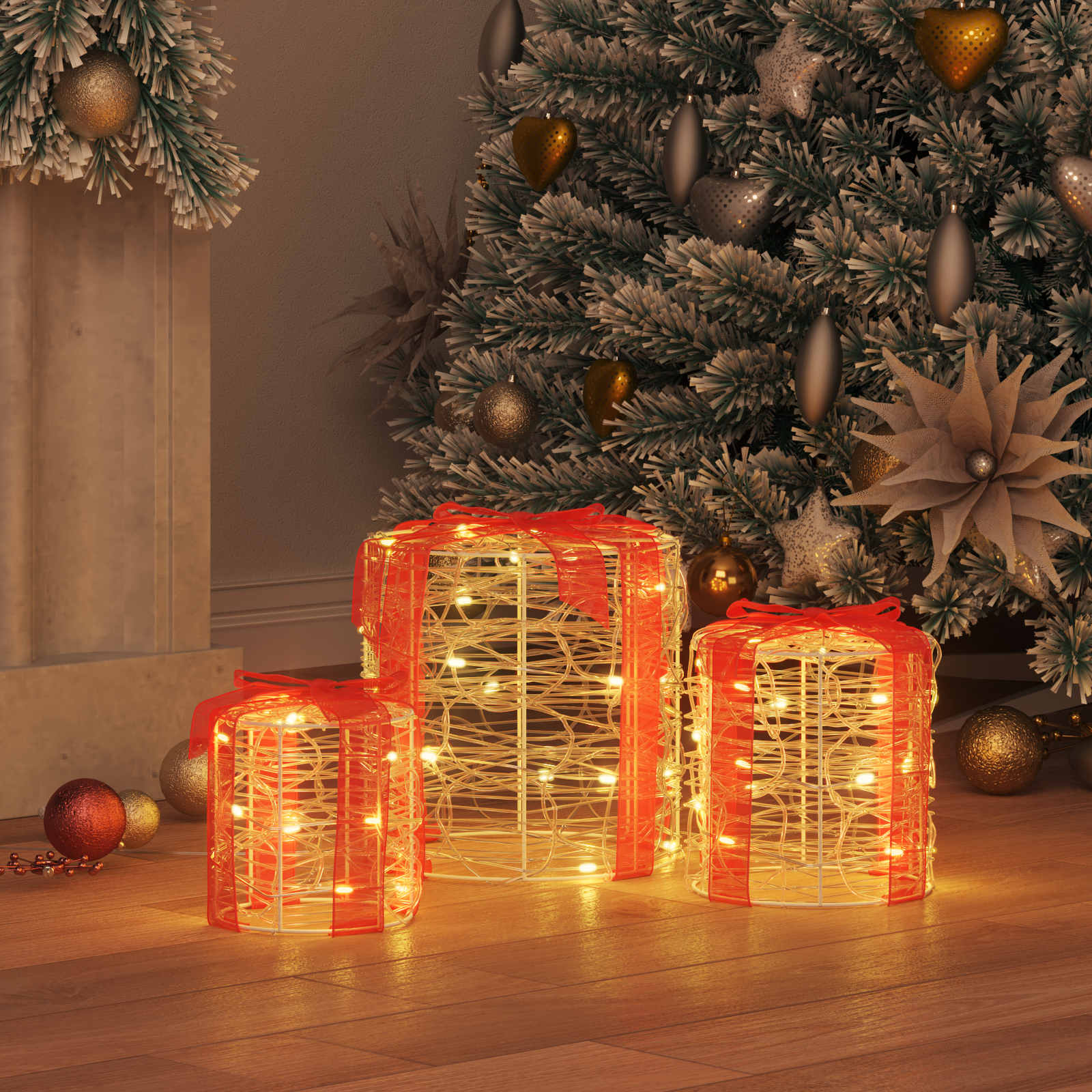 Dekor av Gåva Box 3 pcs Varmvit 20 x 20 x 21 cm Akryl