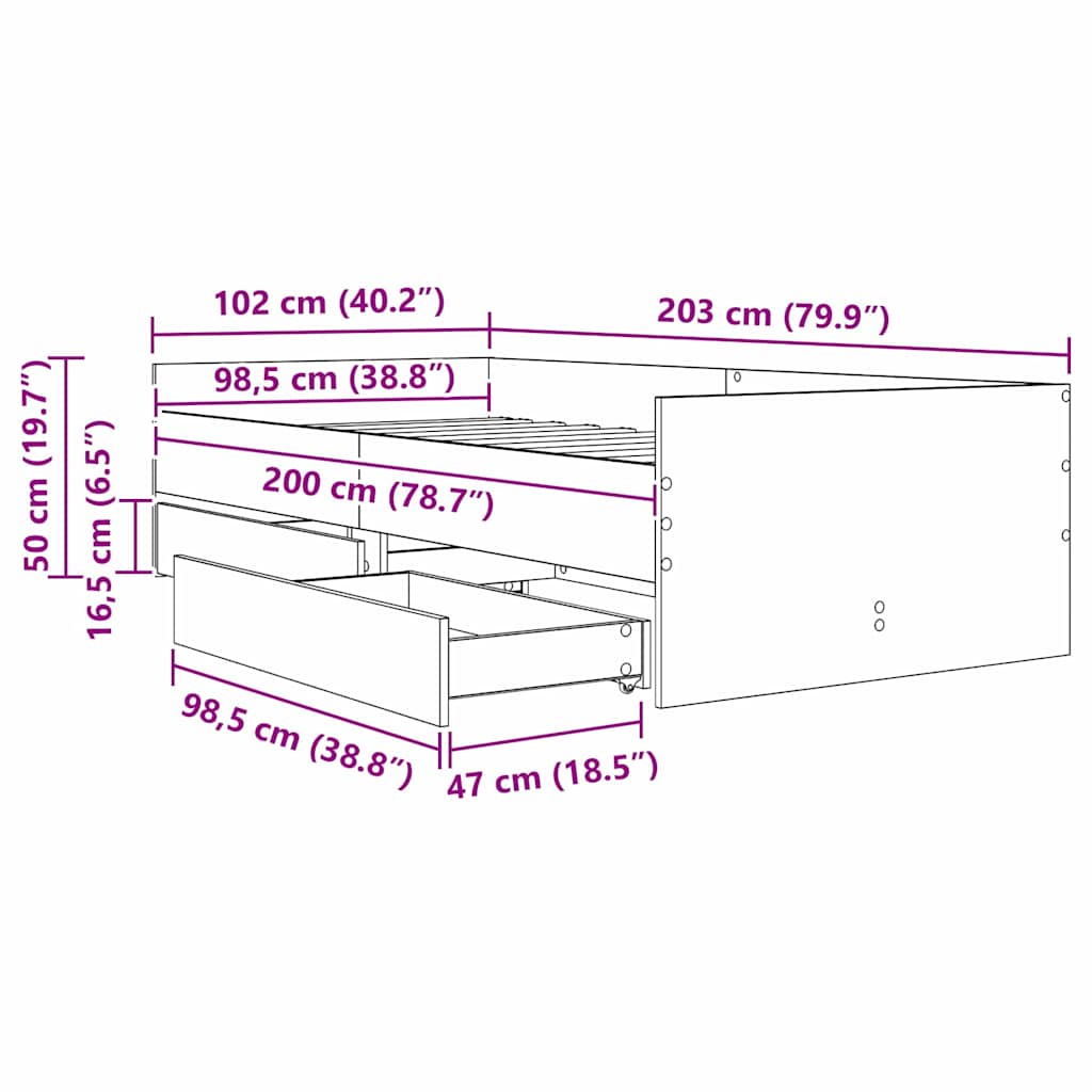 Sängram med låda med lagring Svart Ek 100 x 200 cm Massiv furu