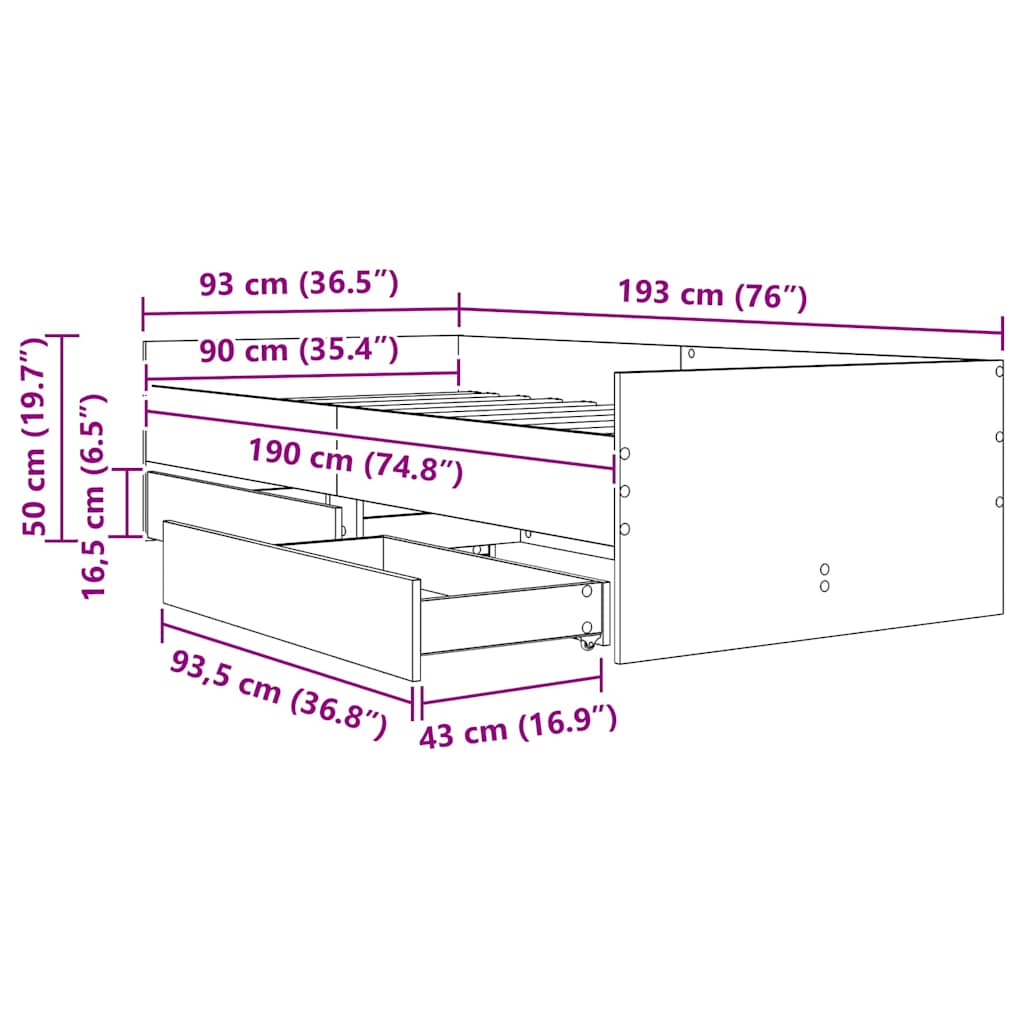 Sängram med låda med lagring Svart Ek 90 x 190 cm Massiv furu