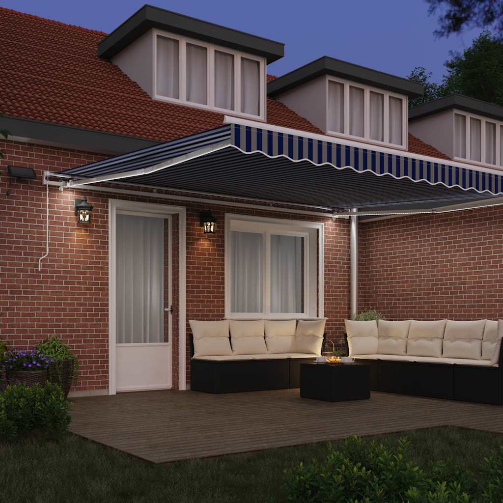 Utfällbar markis med LED -remsljus Blå och Vit 450 × 300 cm