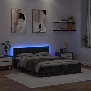 Sängram med LED -remsljus Svart Ek 140 x 190 cm Konstruerat trä
