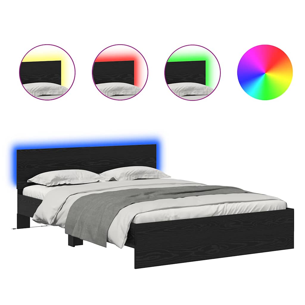 Sängram med LED -remsljus Svart Ek 140 x 190 cm Konstruerat trä
