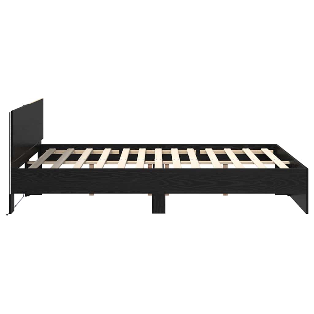 Sängram med LED -remsljus Svart Ek 135 x 190 cm Konstruerat trä