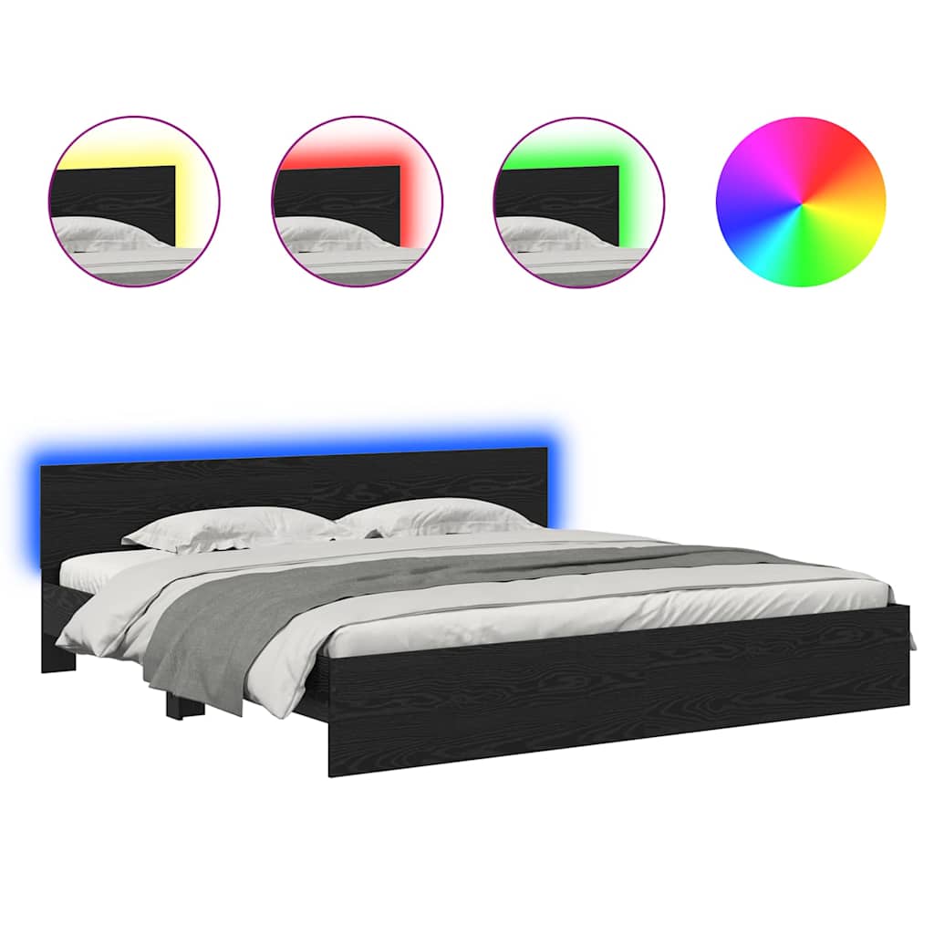 Sängram med LED -remsljus Svart Ek 180 x 200 cm Konstruerat trä