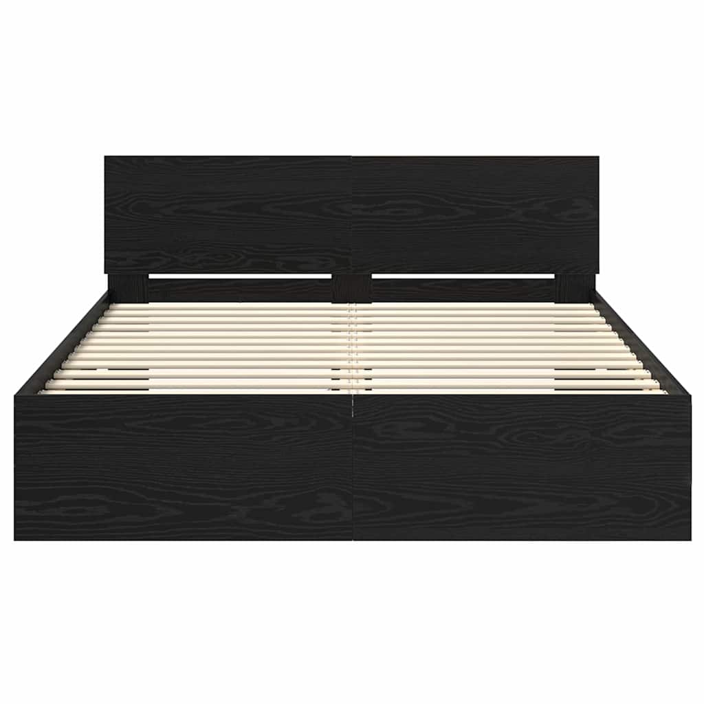 Sängram med LED -remsljus Svart Ek 160 x 200 cm Konstruerat trä