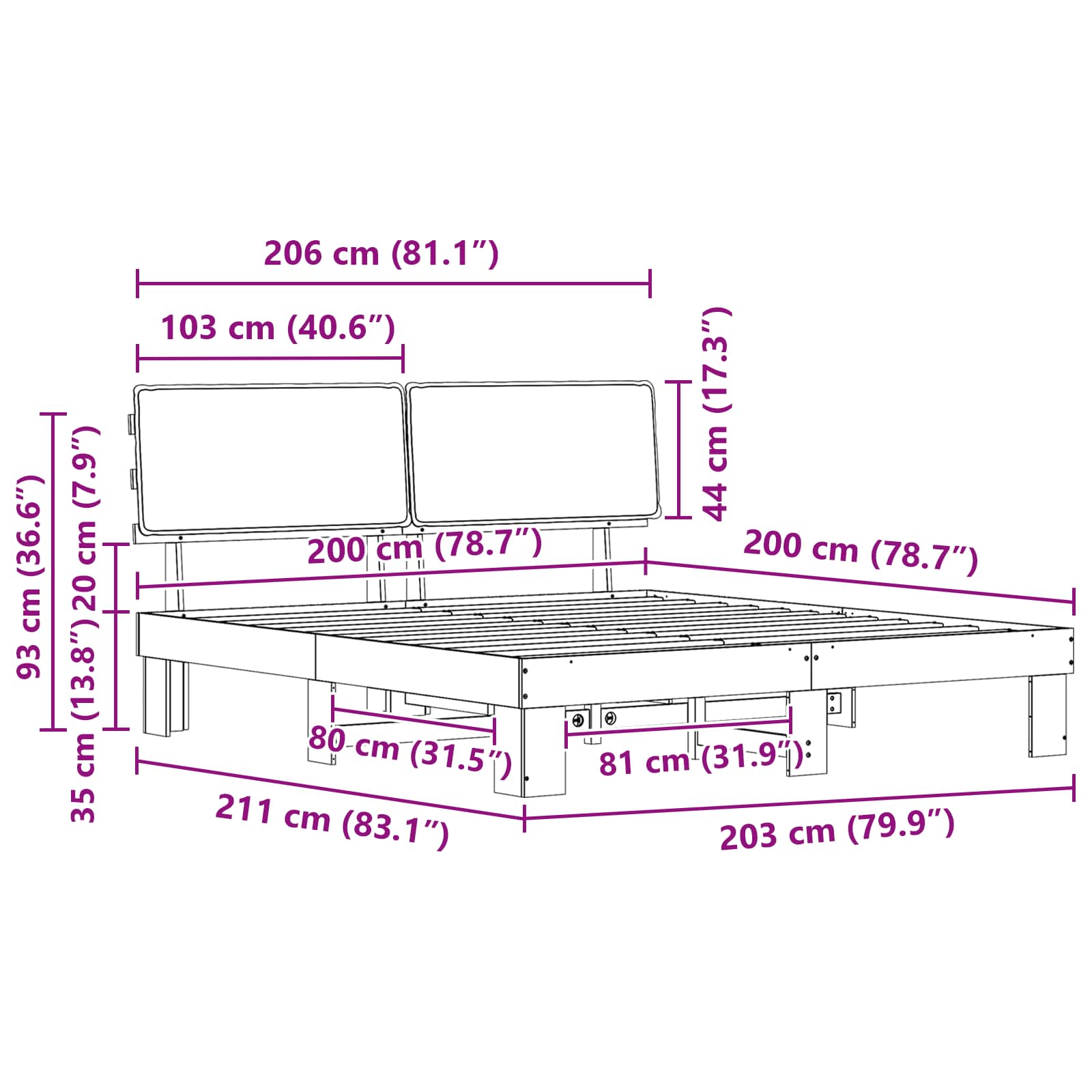 Sängram med Klädd Huvudgavel Ljusgrå 200 x 200 cm Massiv furu