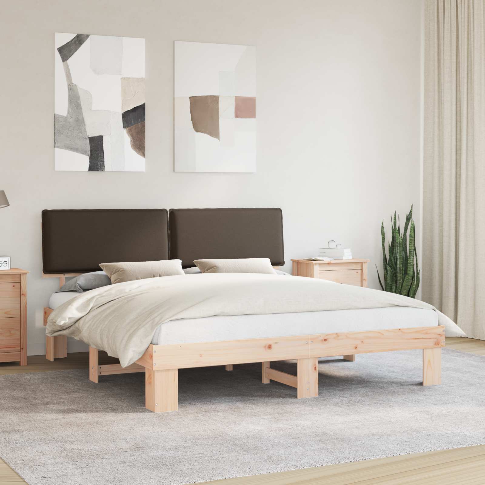Sängram med Klädd Huvudgavel Taupe 180 x 200 cm Massiv furu