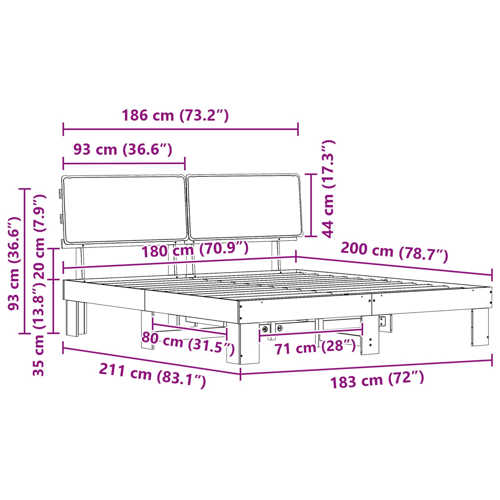 Sängram med Klädd Huvudgavel Taupe 180 x 200 cm Massiv furu