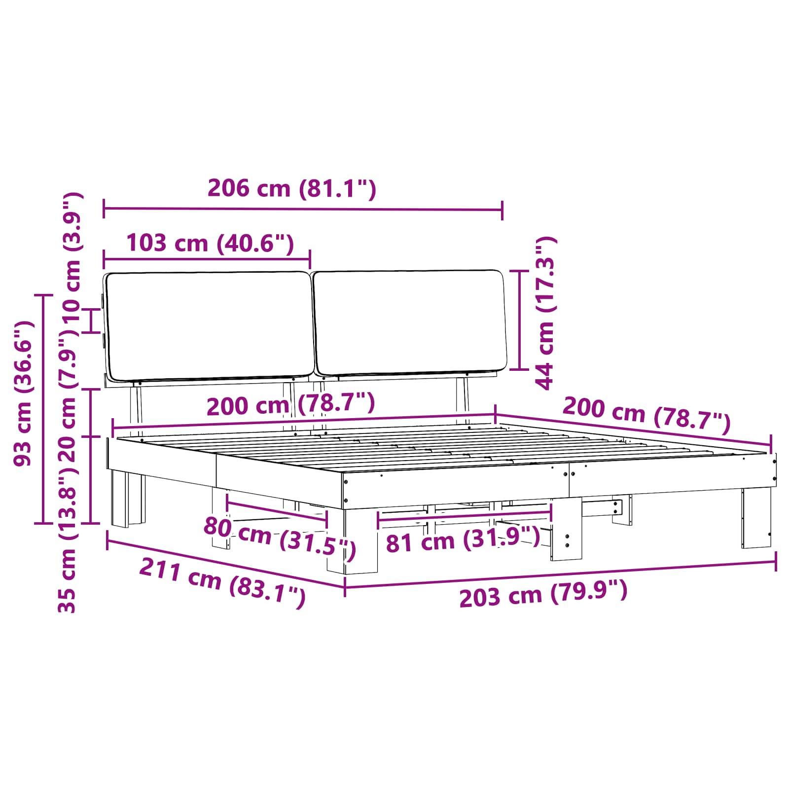 Sängram med Klädd Huvudgavel Mörkgrå 200 x 200 cm Massiv furu