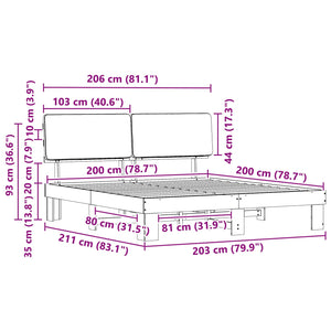 Sängram med Klädd Huvudgavel Mörkgrå 200 x 200 cm Massiv furu