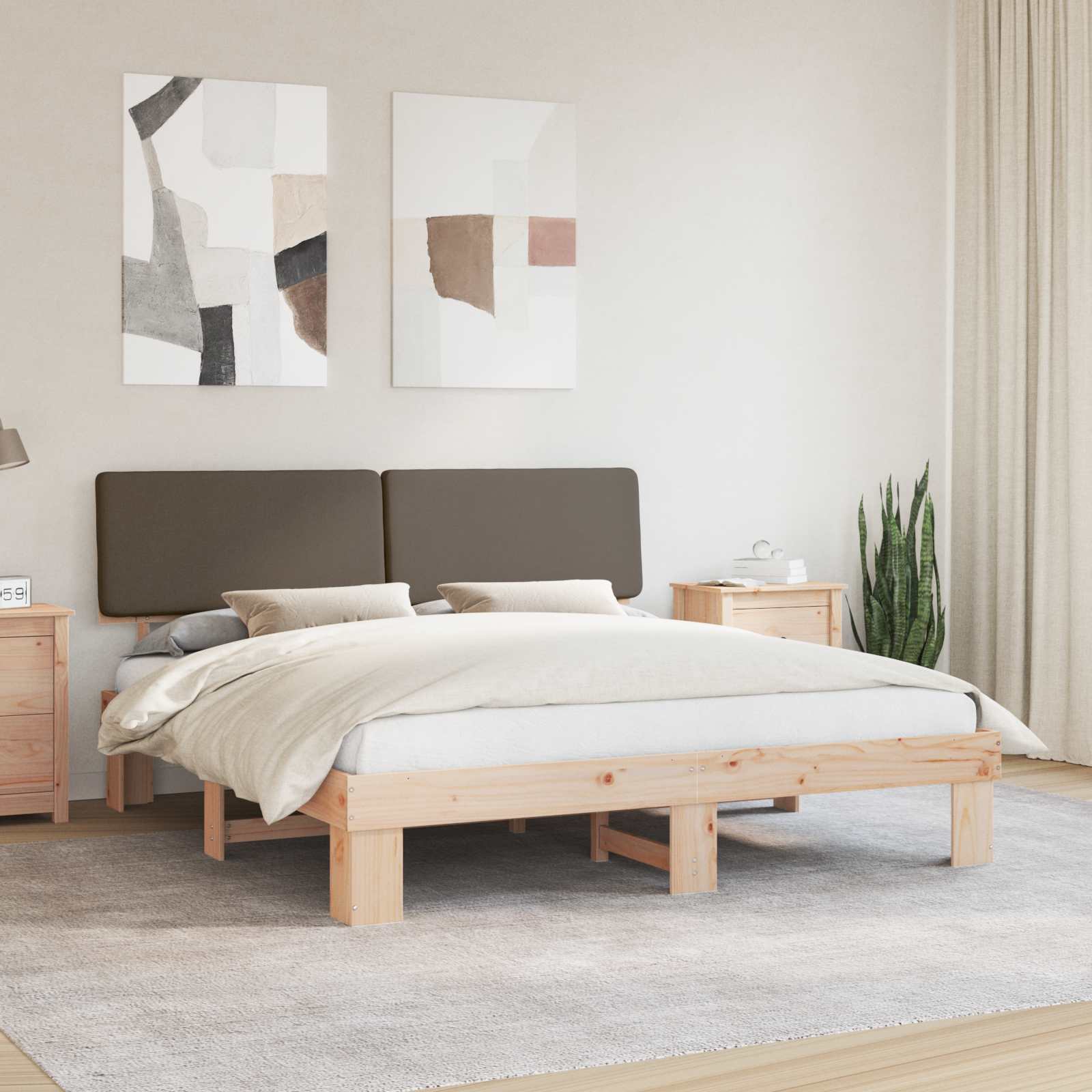 Sängram med Klädd Huvudgavel Taupe 180 x 200 cm Massiv furu