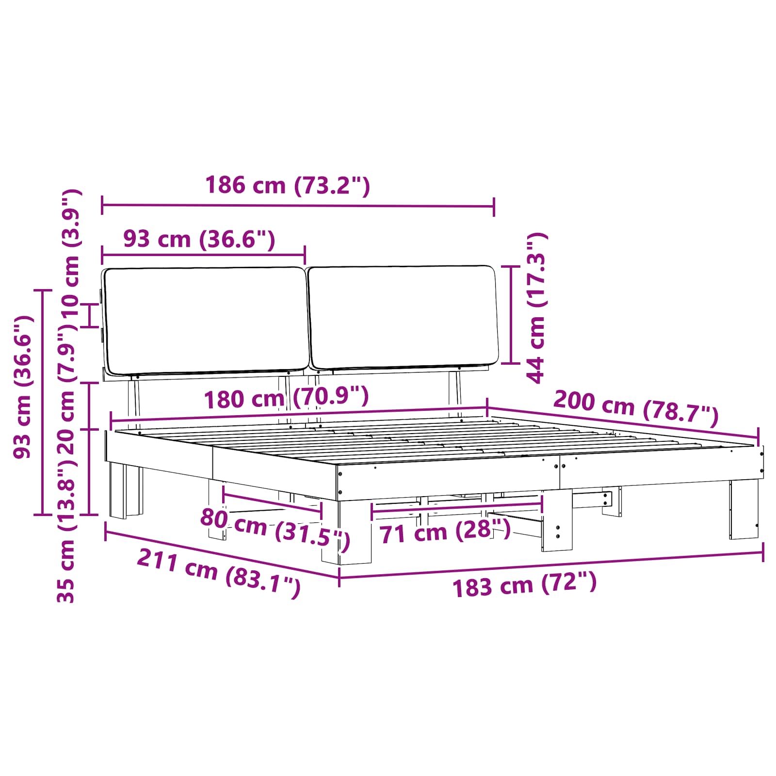 Sängram med Klädd Huvudgavel Taupe 180 x 200 cm Massiv furu