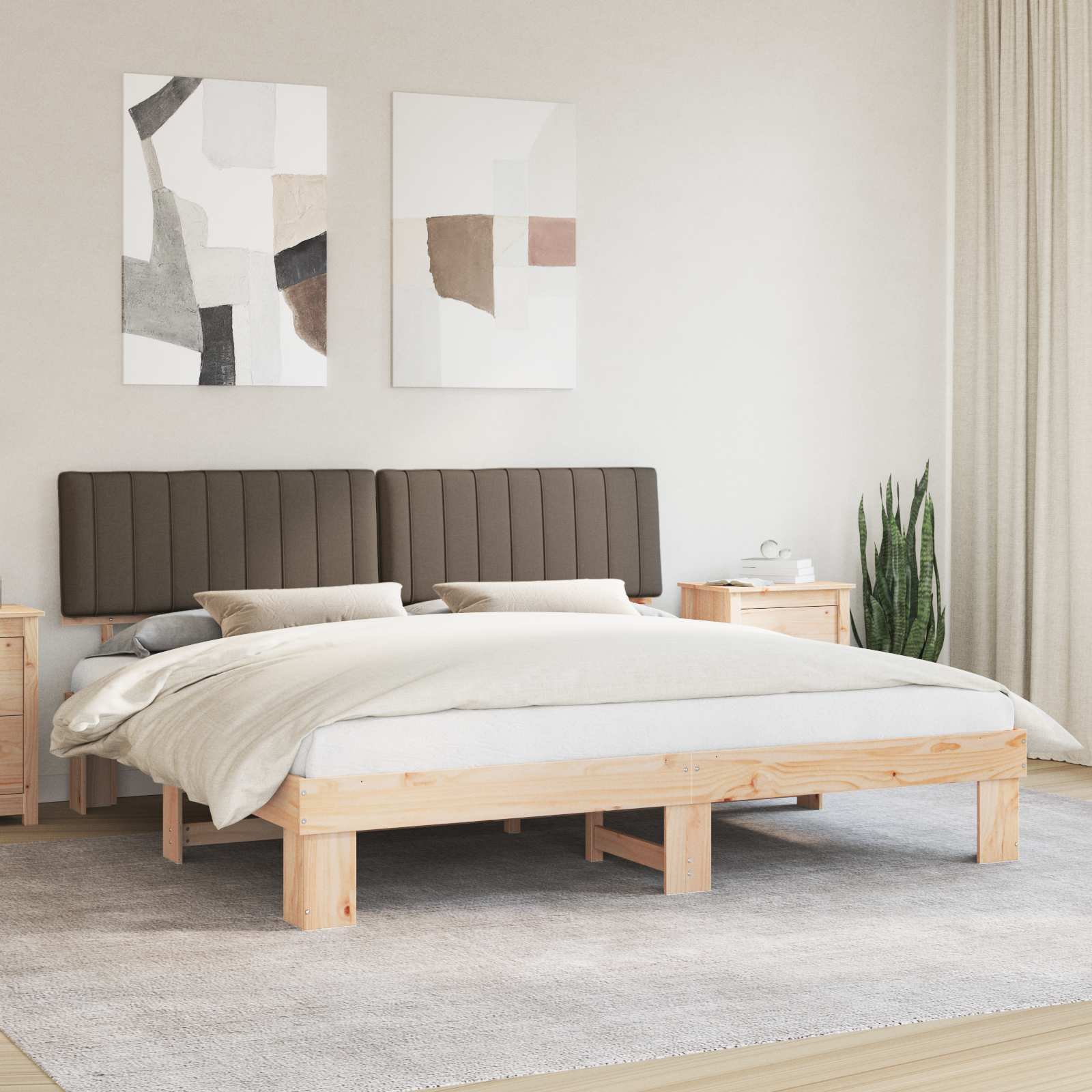Sängram med Klädd Huvudgavel Taupe 200 x 200 cm Massiv furu
