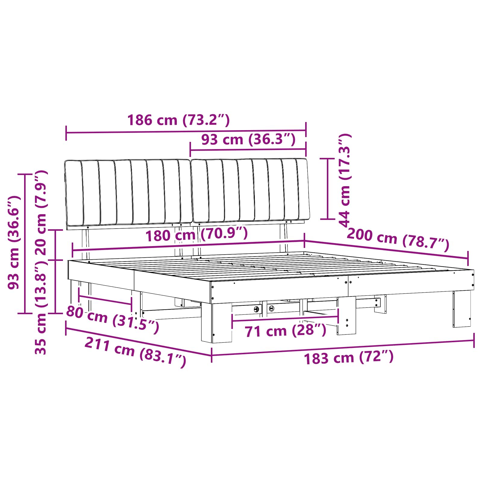 Sängram med Klädd Huvudgavel Svart 180 x 200 cm Massiv furu