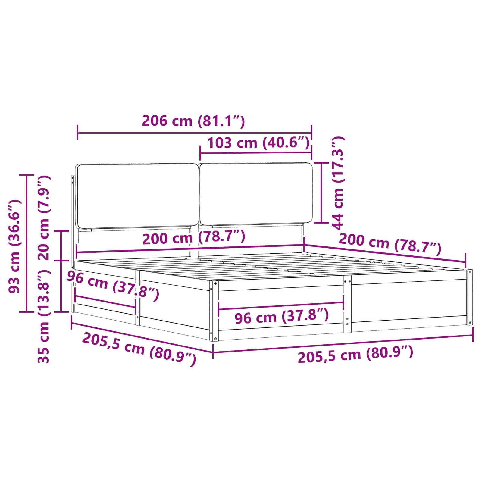 Sängram med Klädd Huvudgavel Svart 200 x 200 cm Massiv furu
