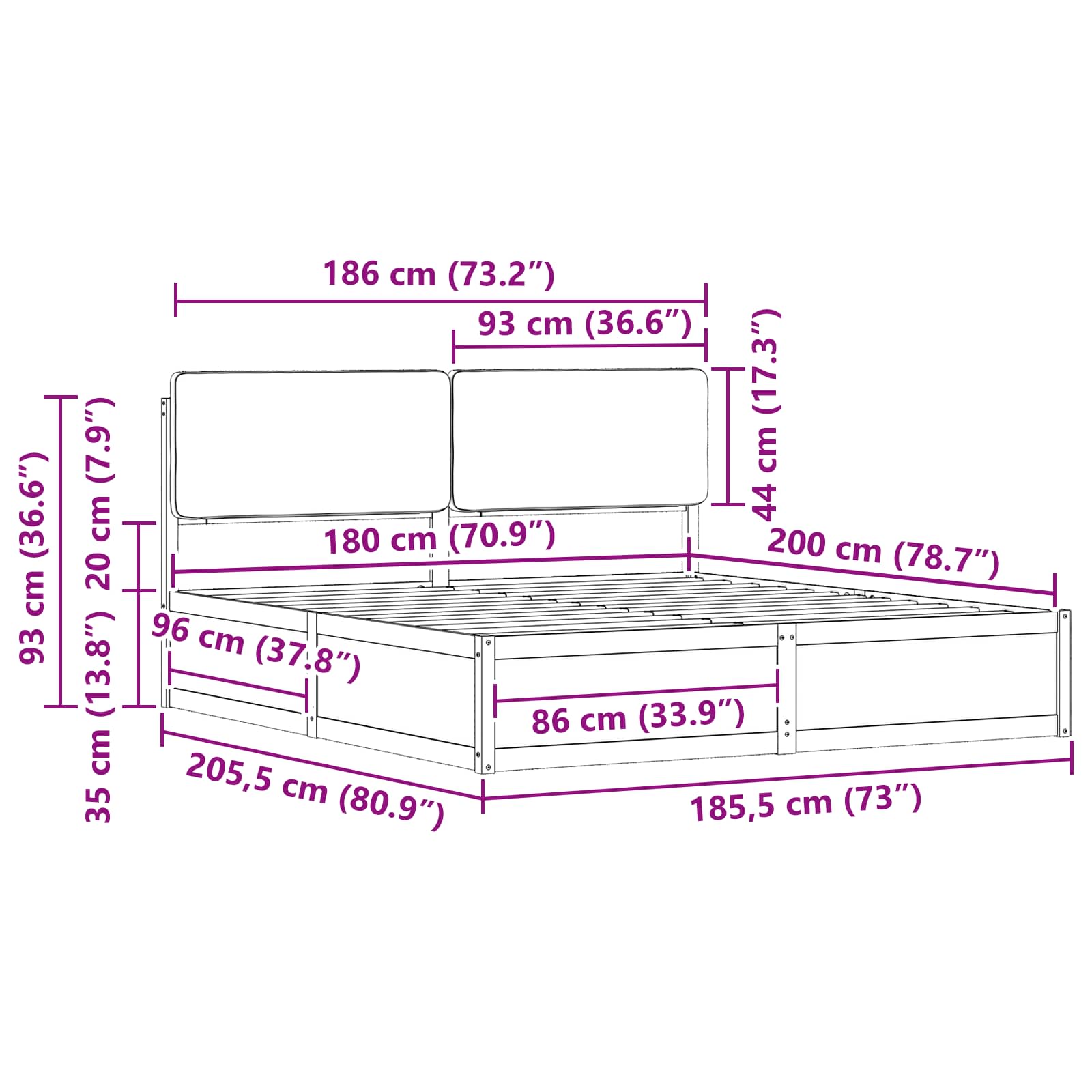 Sängram med Klädd Huvudgavel Ljusgrå 180 x 200 cm Massiv furu