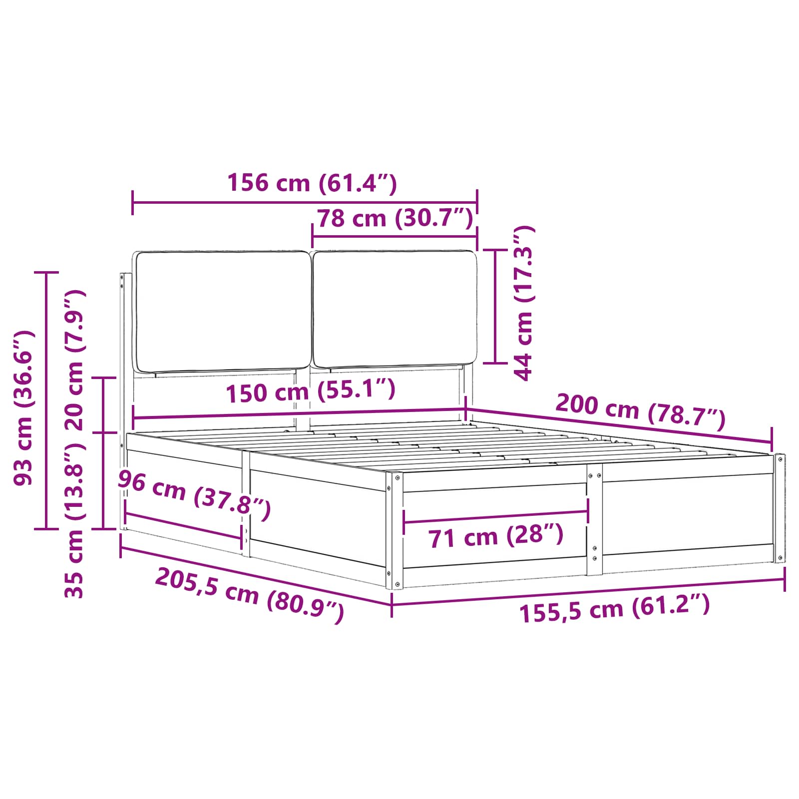 Sängram med Klädd Huvudgavel Svart 150 x 200 cm Massiv furu