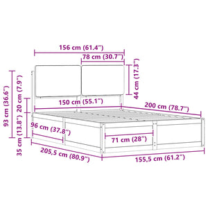Sängram med Klädd Huvudgavel Svart 150 x 200 cm Massiv furu
