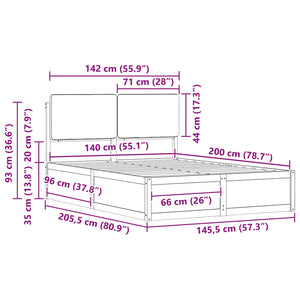 Sängram med Klädd Huvudgavel Ljusgrå 140 x 200 cm Massiv furu