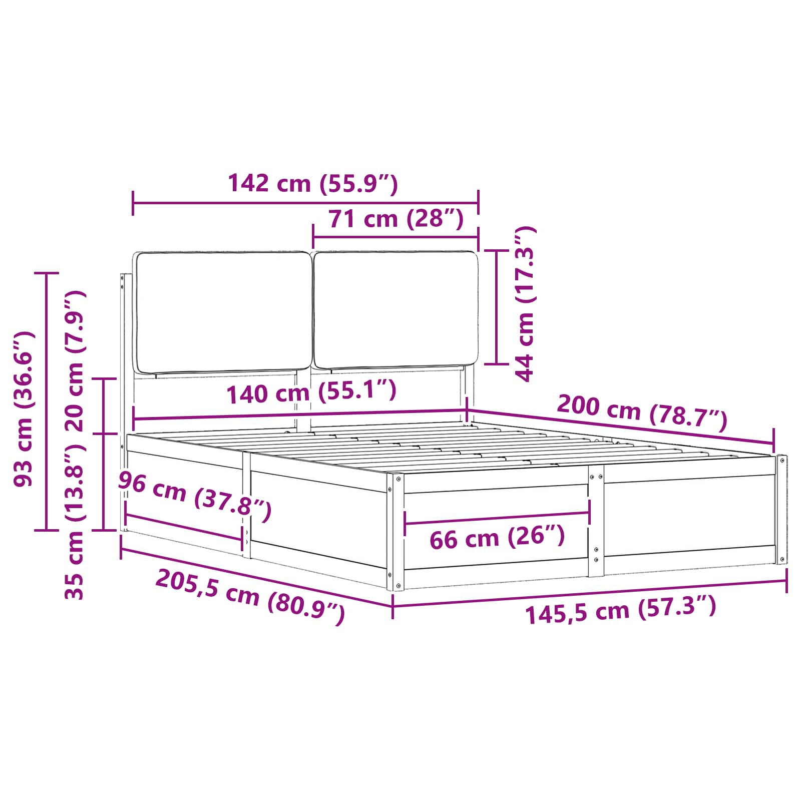 Sängram med Klädd Huvudgavel Svart 140 x 200 cm Massiv furu