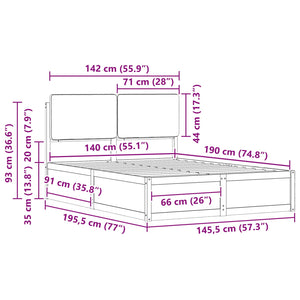 Sängram med Klädd Huvudgavel Svart 140 x 190 cm Massiv furu