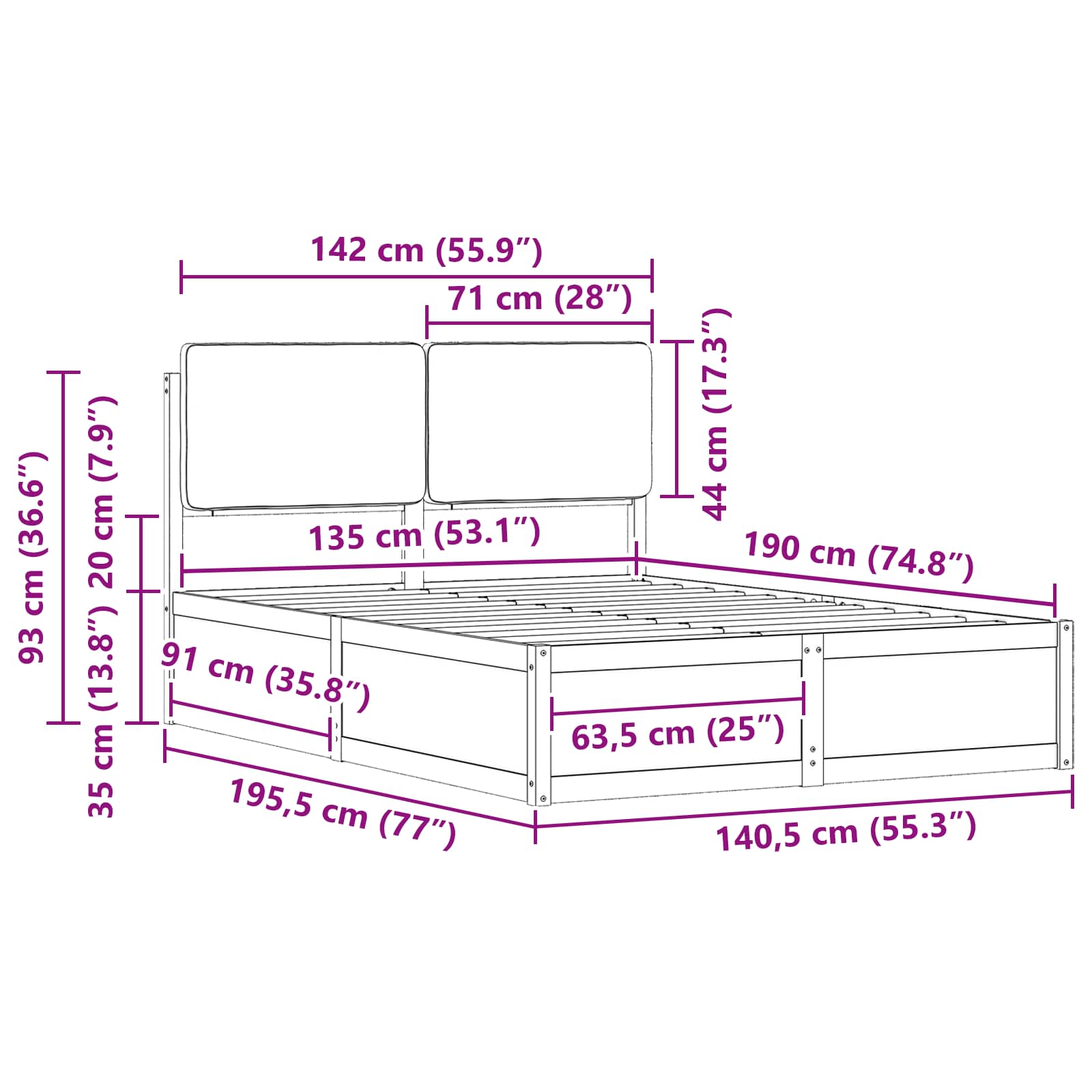 Sängram med Klädd Huvudgavel Taupe 135 x 190 cm Massiv furu