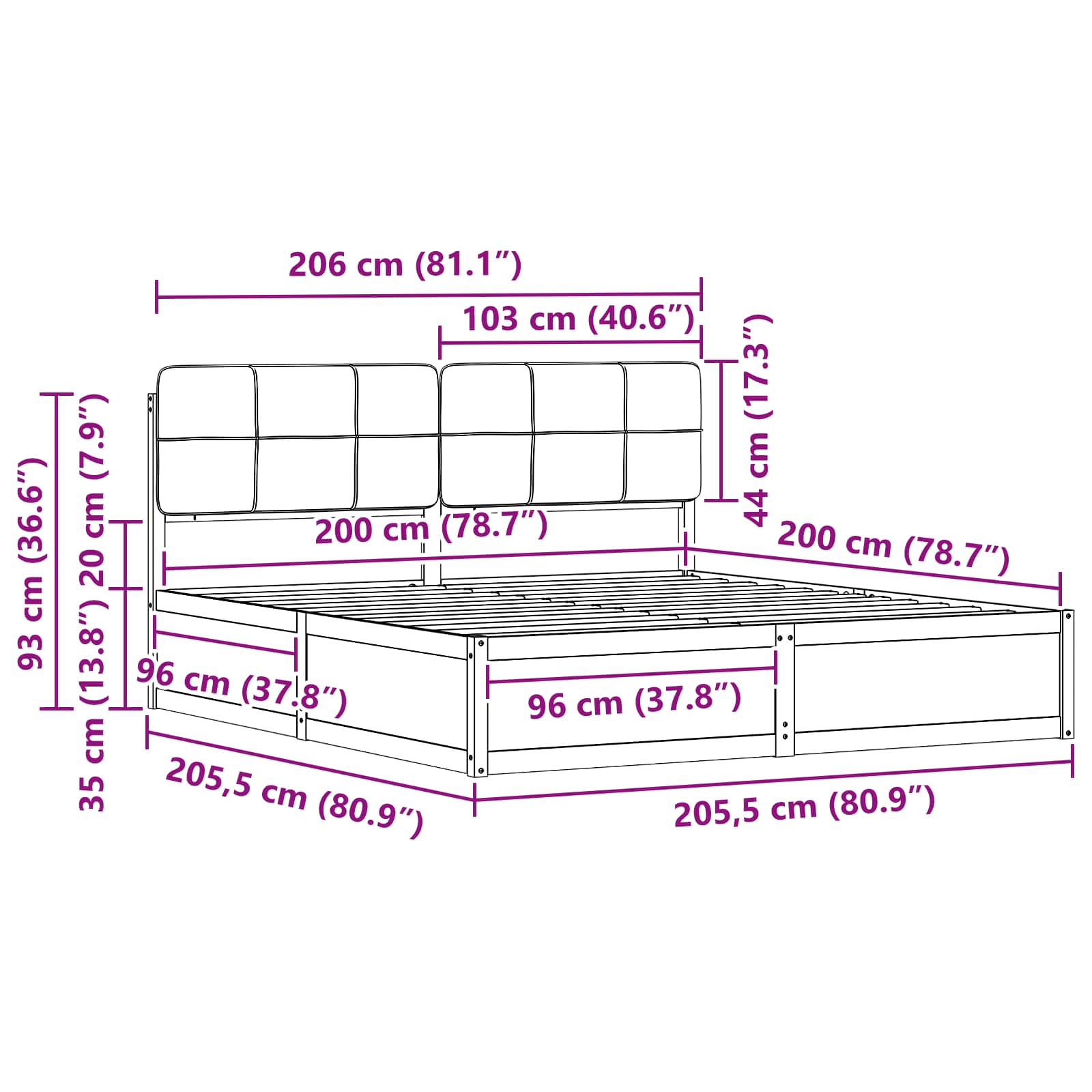 Sängram med Klädd Huvudgavel Ljusgrå 200 x 200 cm Massiv furu
